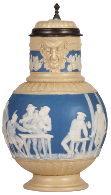 Mettlach stein, 3.0L, 12.6" ht., 2210, cameo, inlaid lid, rarer cameo version, not relief, mint. 
