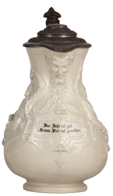 Mettlach stein, 2.5L, 11.9" ht., 1002, relief, pewter lid has dent, otherwise mint.