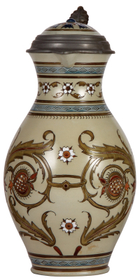 Mettlach stein, 2.5L, 13.0" ht., 1953, mosaic, inlaid lid, mint.