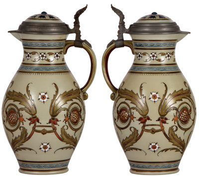 Mettlach stein, 2.5L, 13.0" ht., 1953, mosaic, inlaid lid, mint. - 2