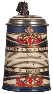 Mettlach stein, .5L, 2097, etched, by Otto Hupp, inlaid lid, mint.