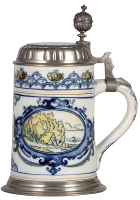 Mettlach stein, 1.0L, 5022, faience, pewter footring & lid, excellent base chip repair, pewter tear soldered, visually perfect.