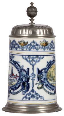 Mettlach stein, 1.0L, 5022, faience, pewter footring & lid, excellent base chip repair, pewter tear soldered, visually perfect. - 2
