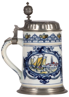 Mettlach stein, 1.0L, 5022, faience, pewter footring & lid, excellent base chip repair, pewter tear soldered, visually perfect. - 3