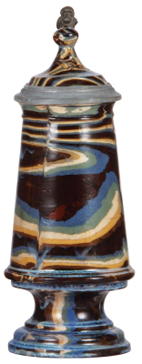 Stoneware stein, .5L, end-of-the day, a mixture of colors thrown together, inlaid lid, late 1800s, 1" base chip, small flakes and a few tight hairlines.
