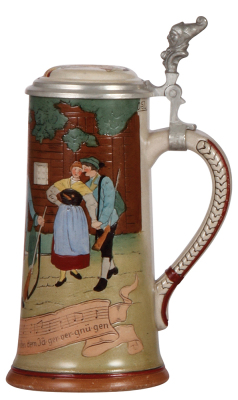 Stoneware stein, .5L, etched, marked 1614, by Marzi & Remy, inlaid lid, mint. - 2