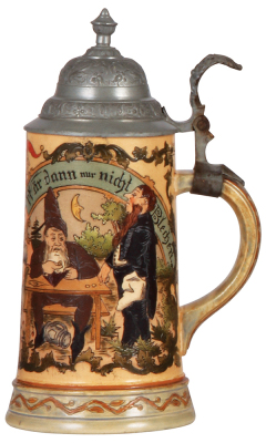 Pottery stein, .5L, etched, marked H.R., 426, by Hauber & Reuter, pewter lid, mint.