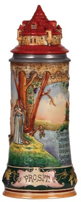 Pottery stein, .5L, relief, transfer & hand-painted, marked 716, Jungfrau vom Drachenfels, figural castle lid, mint.