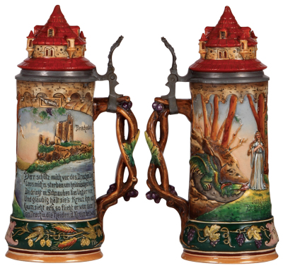 Pottery stein, .5L, relief, transfer & hand-painted, marked 716, Jungfrau vom Drachenfels, figural castle lid, mint. - 2