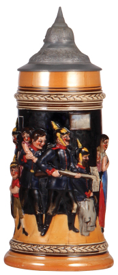 Pottery stein, 1.0L, relief, marked 1933, by Reinhold Hanke, military scene, pewter lid, mint. 