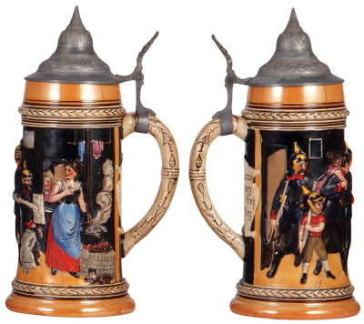 Pottery stein, 1.0L, relief, marked 1933, by Reinhold Hanke, military scene, pewter lid, mint.  - 2