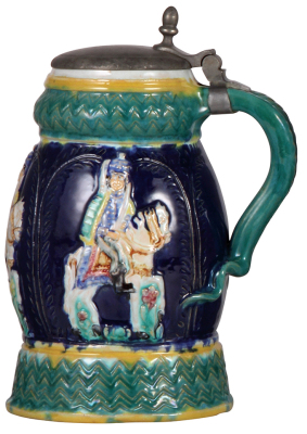 Pottery stein, 1.3L, relief, marked Münchener Werkstatt für Keramik Kunst, majolica glazed finish, pewter lid, pewter strap repair, otherwise mint.  - 2