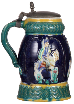 Pottery stein, 1.3L, relief, marked Münchener Werkstatt für Keramik Kunst, majolica glazed finish, pewter lid, pewter strap repair, otherwise mint.  - 3