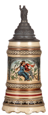 Pottery stein, 1.0L, etched, marked 982, by Marzi & Remy, pewter lid with Gambrinus finial, mint. 