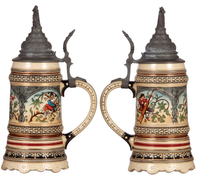 Pottery stein, 1.0L, etched, marked 982, by Marzi & Remy, pewter lid with Gambrinus finial, mint.  - 2