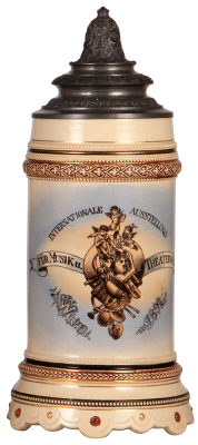 Pottery stein, 1.0L, transfer & hand-painted, Internationale Ausstellung für Musik u. Theaterwesen Wien 1899, pewter lid, mint.  