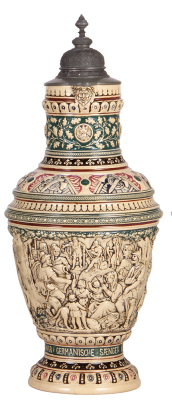Pottery stein, 3.0L, 17.5” ht., #117, by Dümler & Breiden, early Germans, pewter lid, mint.