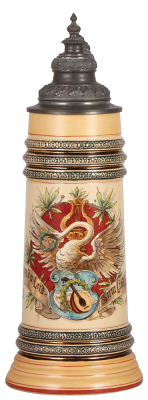 Pottery stein, 2.0L, 16.5" ht., transfer & hand-painted, marked Reinhold Merkelbach, 967, music 1896, pewter lid, mint. 