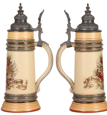 Pottery stein, 2.0L, 16.5" ht., transfer & hand-painted, marked Reinhold Merkelbach, 967, music 1896, pewter lid, mint.  - 2