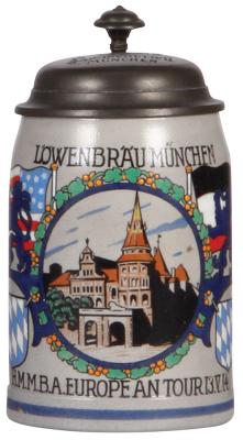 Stoneware stein, .5L, transfer & hand-painted, Lowenbräu München, H.M.M.B.A. European Tour, 13.V.14, impressed pewter lid: Lowenbräu München, mint.