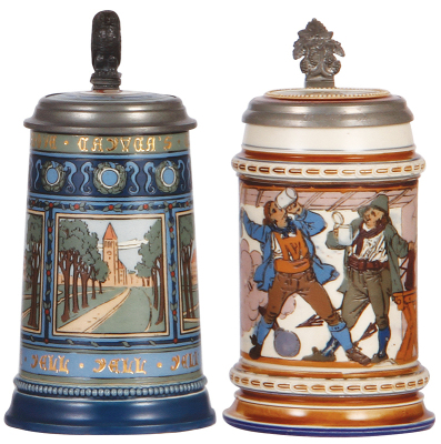 Two Mettlach steins, .5L, 2872, etched, Cornell University, inlaid lid, chip on handle; with, .5L, 1131, etched, inlaid lid, 1'' line at top of rim.