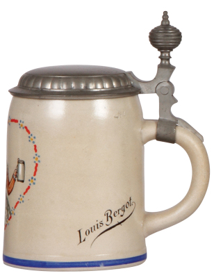 Stoneware stein, .5L, transfer & handpainted, signed F. Ringer, pewter lid, extremely faint line at top rim. - 2