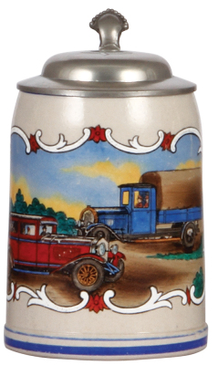Stoneware stein, .5L, transfer & enameled, automobile & truck, pewter lid, rare, mint.