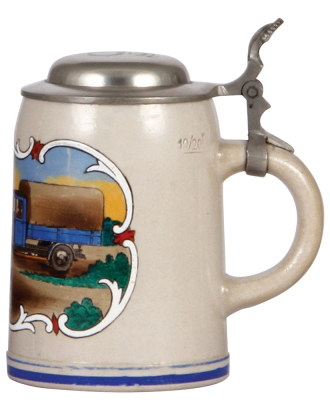 Stoneware stein, .5L, transfer & enameled, automobile & truck, pewter lid, rare, mint. - 2