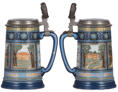 Two Mettlach steins, .5L, 2872, etched, Cornell University, inlaid lid, chip on handle; with, .5L, 1131, etched, inlaid lid, 1'' line at top of rim. - 2