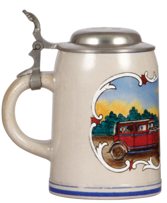 Stoneware stein, .5L, transfer & enameled, automobile & truck, pewter lid, rare, mint. - 3
