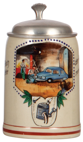 Stoneware stein, .5L, transfer & enameled, Hoch lebe der Auto Mechaniker!, Occupational Auto Mechanic, 1950s, pewter lid, rare, mint.