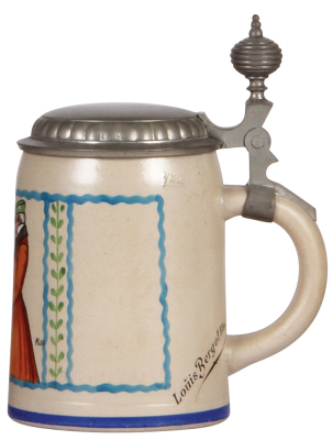 Stoneware stein, .5L, transfer & handpainted, signed F. Ringer, pewter lid, mint. - 2