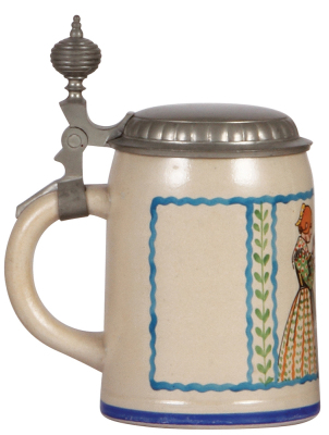 Stoneware stein, .5L, transfer & handpainted, signed F. Ringer, pewter lid, mint. - 3