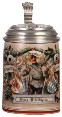 Stoneware stein, .5L, transfer & hand-painted, Schützengesellschaft Pramie Haideröslein, 1900 - 1901, Georg Blöchinger, relief pewter lid, pewter strap repaired, flake on rim in rear repaired.