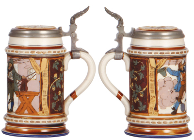 Two Mettlach steins, .5L, 2872, etched, Cornell University, inlaid lid, chip on handle; with, .5L, 1131, etched, inlaid lid, 1'' line at top of rim. - 3