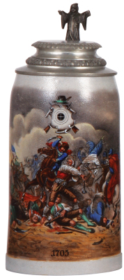 Stoneware stein, 1.0L, marked M.W.G., handpainted, The Slaughter of the Sendling Farmers in 1705, pewter lid, Munich Child thumblift, rare, mint.
