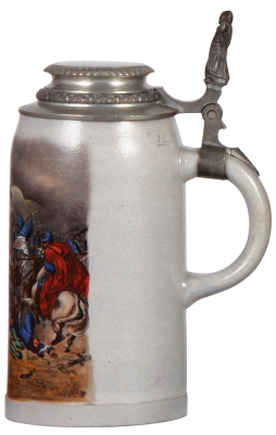 Stoneware stein, 1.0L, marked M.W.G., handpainted, The Slaughter of the Sendling Farmers in 1705, pewter lid, Munich Child thumblift, rare, mint. - 2