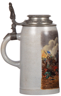 Stoneware stein, 1.0L, marked M.W.G., handpainted, The Slaughter of the Sendling Farmers in 1705, pewter lid, Munich Child thumblift, rare, mint. - 3