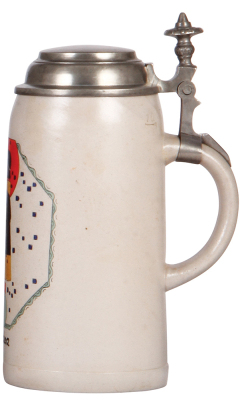 Stoneware stein, 1.0L, transfer & hand-painted, marked Marzi & Remy, by Ludwig Hohlwein, pewter lid, mint. - 2