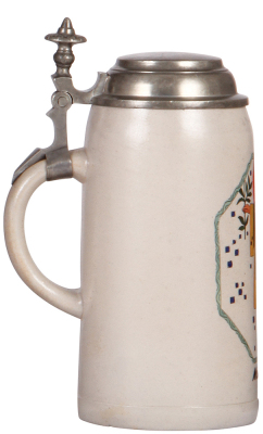 Stoneware stein, 1.0L, transfer & hand-painted, marked Marzi & Remy, by Ludwig Hohlwein, pewter lid, mint. - 3