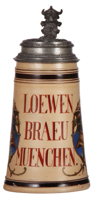Stoneware stein, 1.0L, hand-painted,  by A. Saeltzer, marked with unknown artist signature, Loewen Braeu, Muenchen, relief pewter lid, very rare decoration, 2.5" tight line at lower edge.
