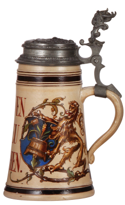 Stoneware stein, 1.0L, hand-painted,  by A. Saeltzer, marked with unknown artist signature, Loewen Braeu, Muenchen, relief pewter lid, very rare decoration, 2.5" tight line at lower edge. - 2