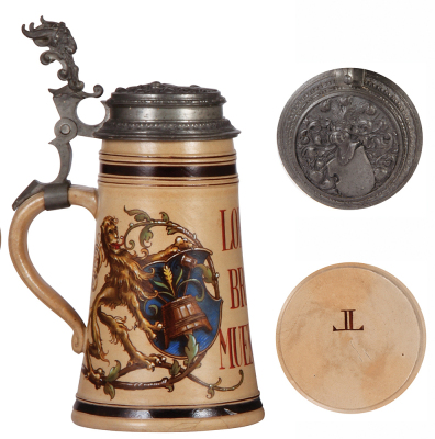 Stoneware stein, 1.0L, hand-painted,  by A. Saeltzer, marked with unknown artist signature, Loewen Braeu, Muenchen, relief pewter lid, very rare decoration, 2.5" tight line at lower edge. - 3