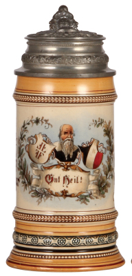 Pottery stein, .5L, transfer & hand-painted, 788, 4F, Gut Heil!, Konstanz 1905, fantastic relief pewter lid, mint. 