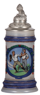 Stoneware stein, .5L, transfer & hand-painted, 4F, Turner, Gut Heil, athlete, stone toss, pewter lid, mint. 