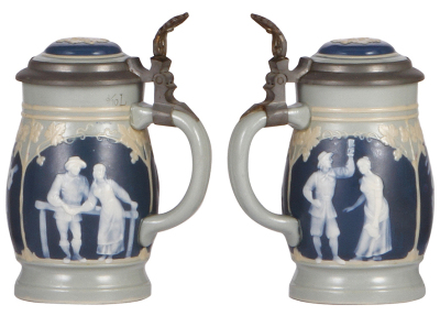 Two Mettlach steins, .3L, 2608, cameo, inlaid lid, mint; with, .5L, 2755, cameo, inlaid lid, pewter rim is rough, body mint. - 2