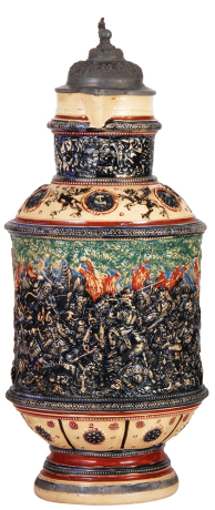 Pottery stein, 6.0L, 19.5" ht., relief, marked 1082, by Diesinger, battle scene, pewter lid, two small chips on the handle.