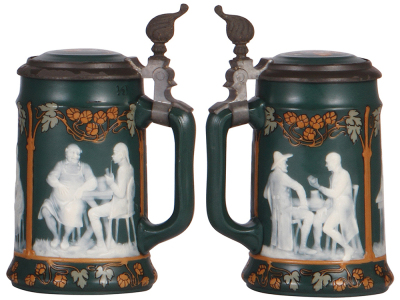 Two Mettlach steins, .3L, 2608, cameo, inlaid lid, mint; with, .5L, 2755, cameo, inlaid lid, pewter rim is rough, body mint. - 3