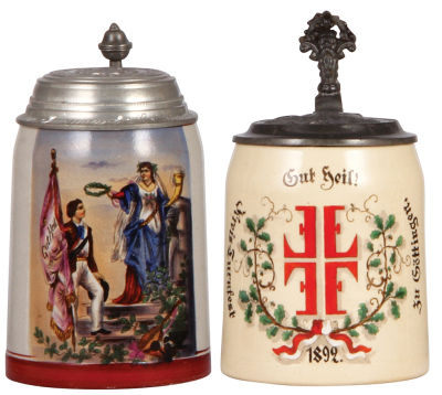 Two steins, .5L, stoneware, transfer & enameled, Gut Heil!, relief pewter lid: Turn Verein Münchberg; with, .5L, pottery, Gut Heil!, 4F, 1892, Göttingen, relief pewter lid: Göttingen Rathaus, both mint.