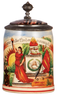 Pottery stein, .5L, transfer & handpainted, marked M.&W. Gr., Proletarier alle Länder vereinigt euch!, porcelain inlaid lid: Occupational Glass Blower, named, rare, mint.